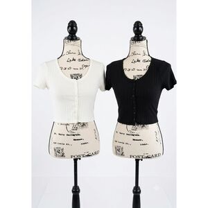 Henna Shoppe Love Tree Ribbed Button Up Crop Tops Lot of 2 Black White M NWT
